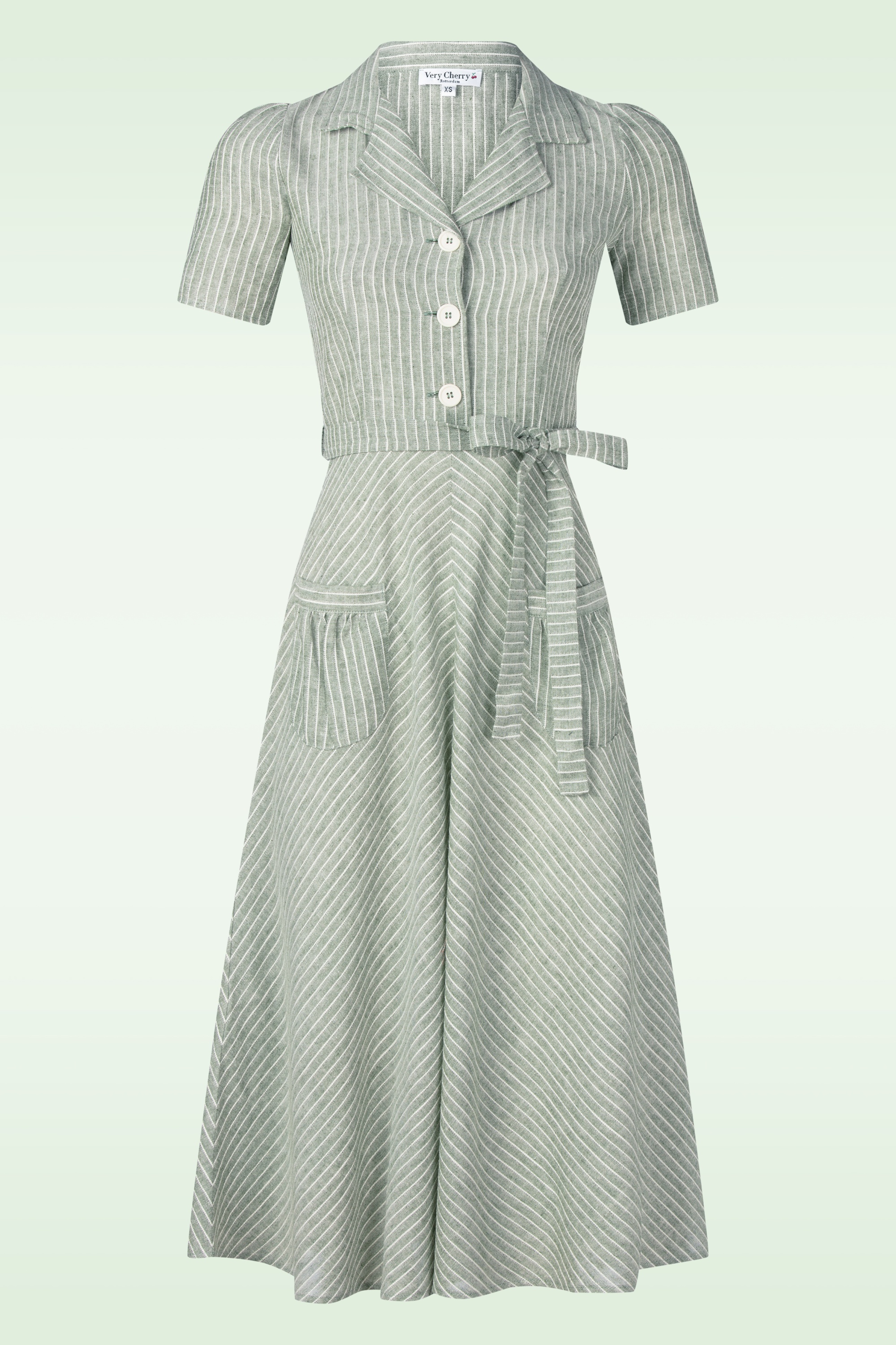 Very Cherry - Revers Striped linnen midi jurk in olijfgroen