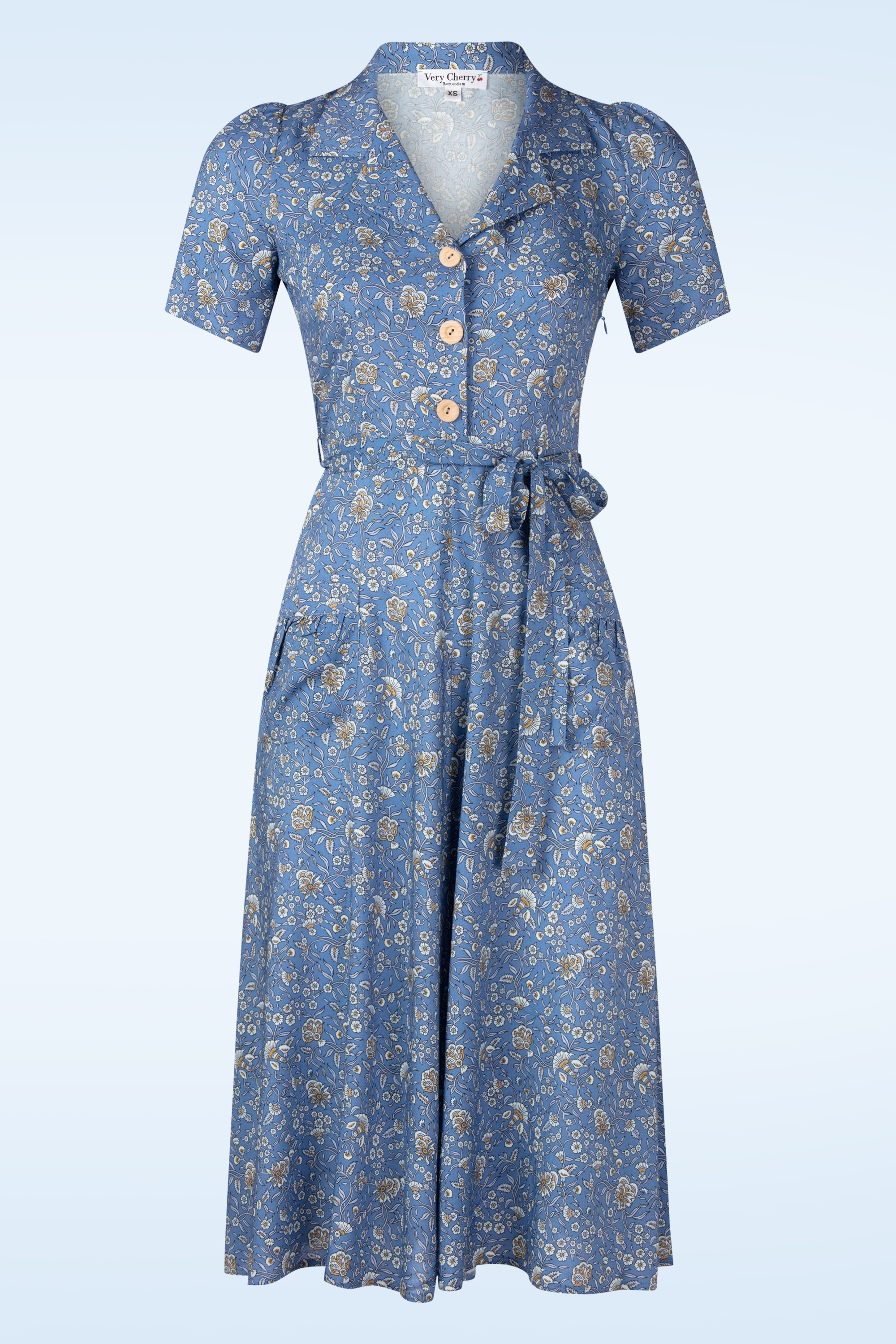 Very Cherry - Revers Antibes midi jurk in blauw