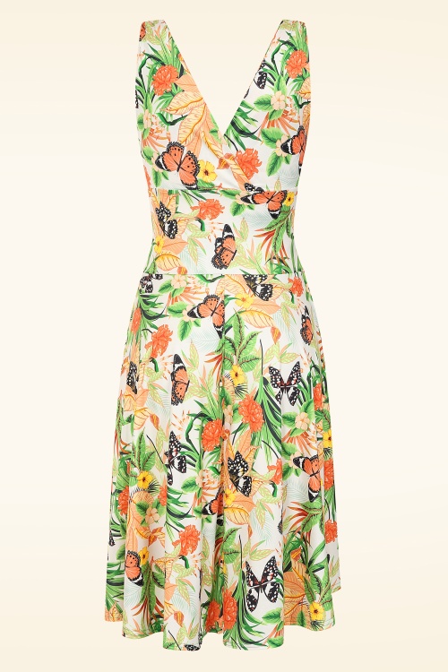 Vintage Chic for Topvintage - Topvintage Exclusive ~ Grecian tropical vlinder jurk in wit en en oranje 2