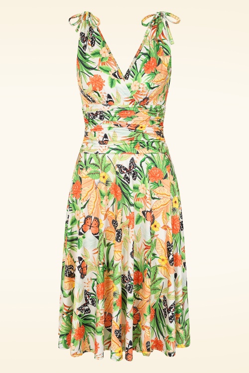 Vintage Chic for Topvintage - Topvintage Exclusive ~ Grecian tropical vlinder jurk in wit en en oranje
