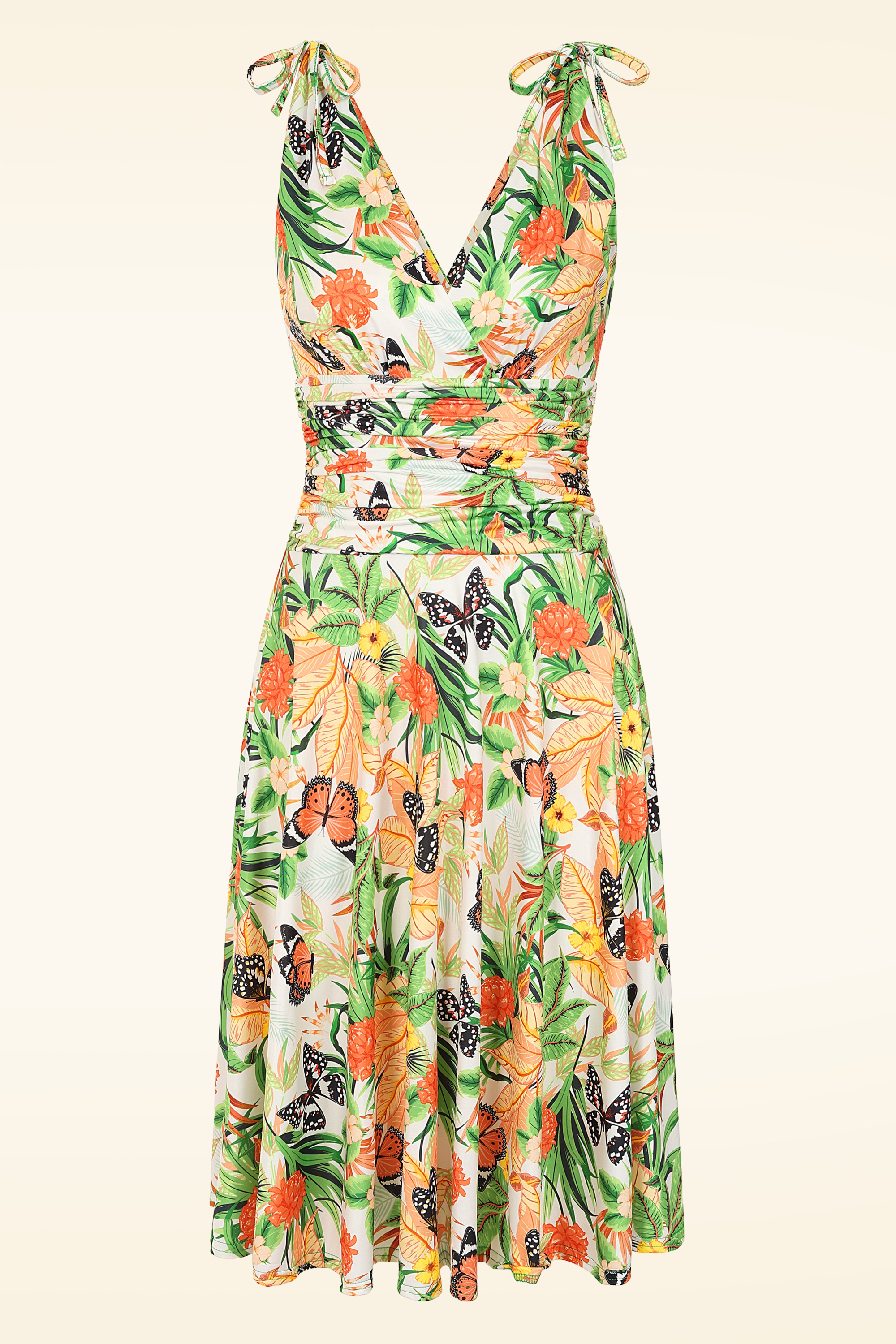 Vintage Chic for Topvintage - Topvintage Exclusive ~ Grecian tropical vlinder jurk in wit en en oranje