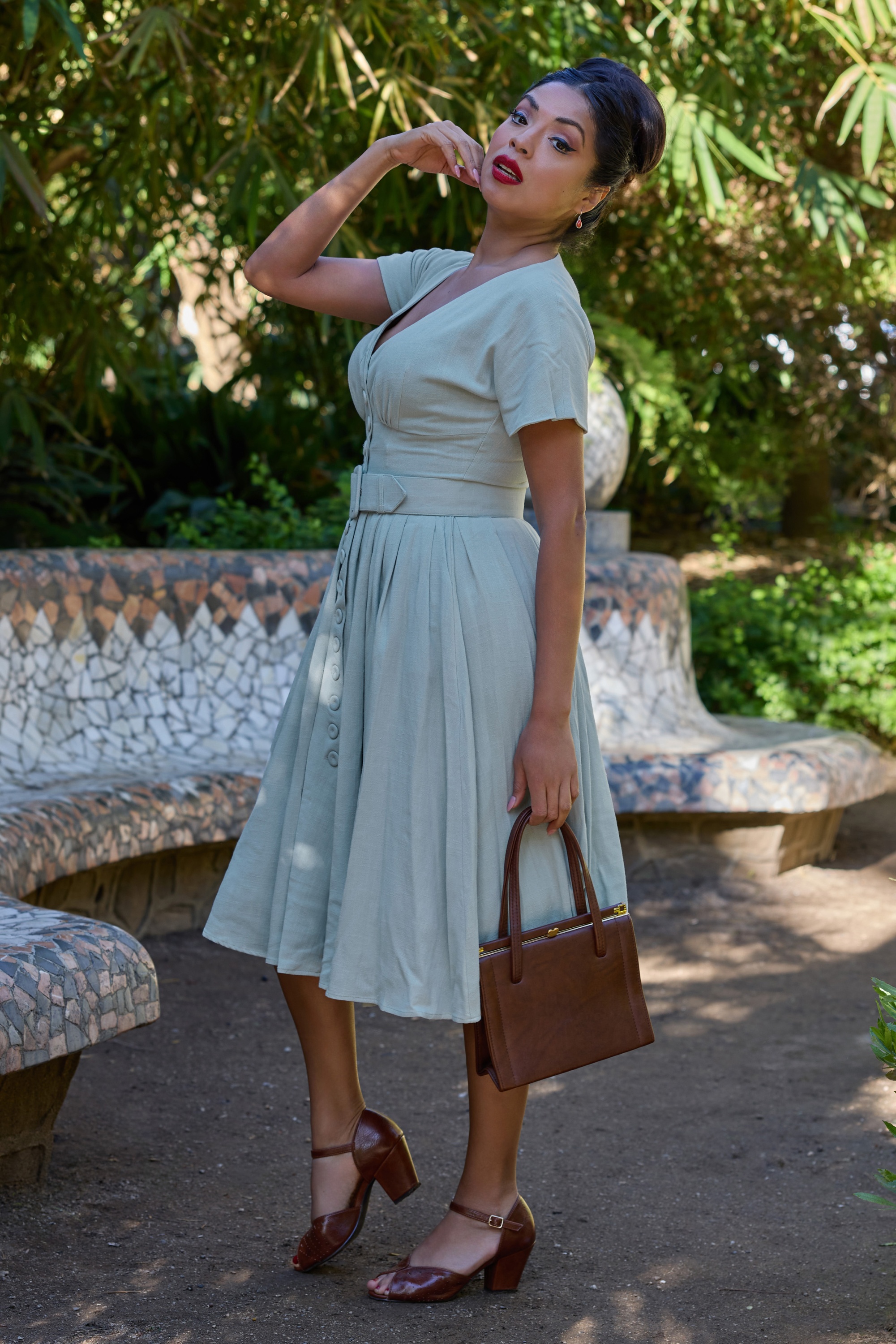 Miss Candyfloss - Astira Minty linnen swing jurk in mint 3