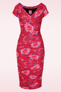 Glamour Bunny - Topvintage exclusive ~ The Marilyn Floral pencil jurk in framboosrood 2