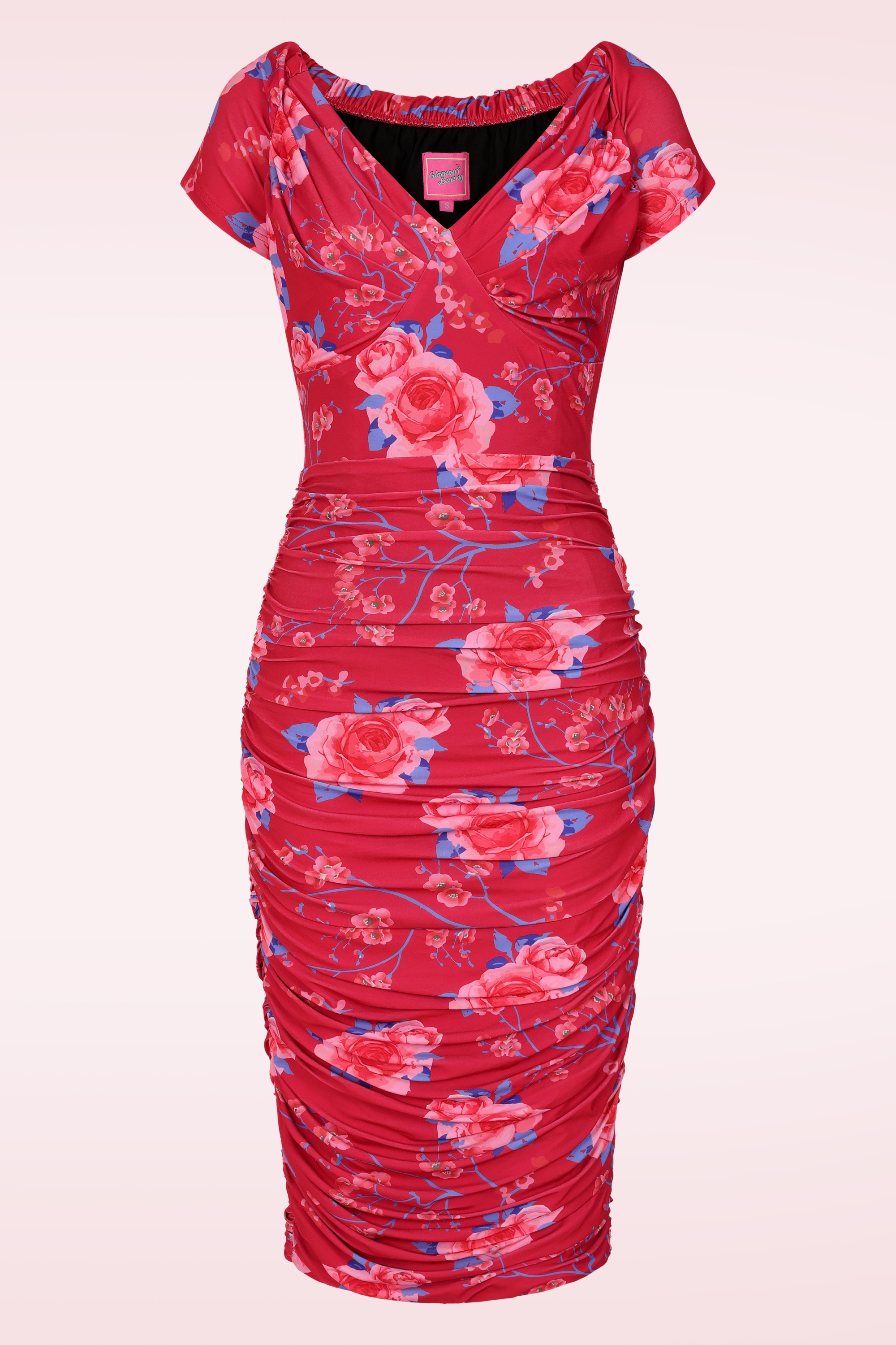 Glamour Bunny - Topvintage exclusive ~ The Marilyn Floral pencil jurk in framboosrood 2