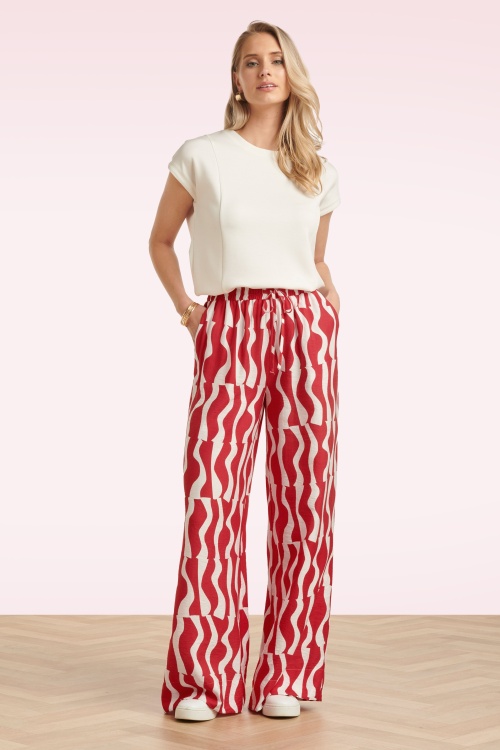 Smashed Lemon - Summer Sangria pantalon met wijde pijpen in rood en wit