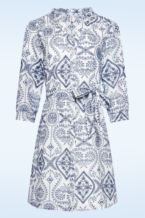 Smashed Lemon - Victoria broderie katoenen jurk in wit en marineblauw 2