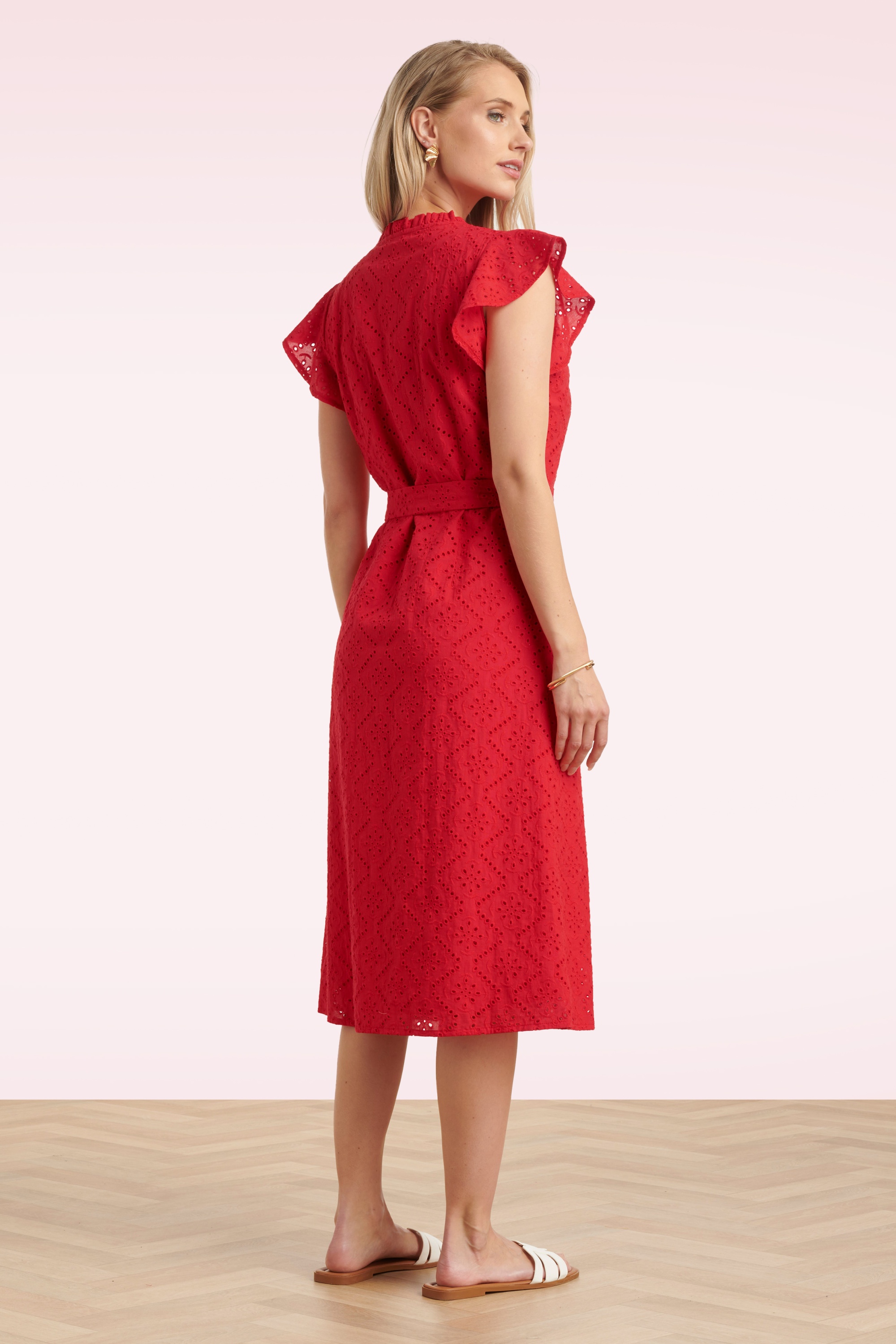 Smashed Lemon - Ophelia broderie anglaise katoenen jurk in rood 3