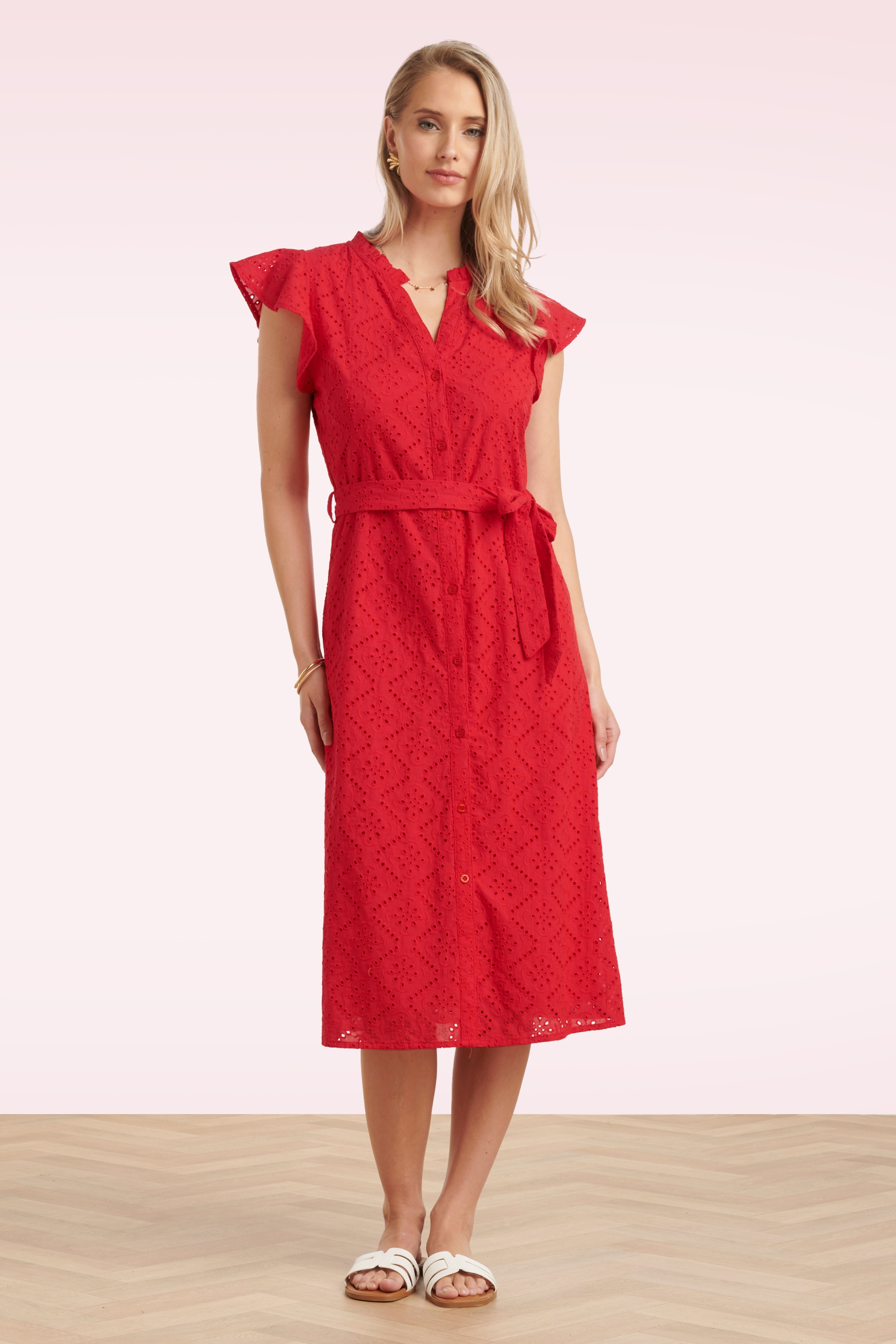 Smashed Lemon - Ophelia broderie anglaise katoenen jurk in rood