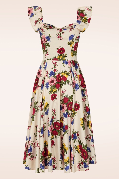 Banned Retro - Sophie Floral Serenade katoenen swing jurk in crème en multi 3