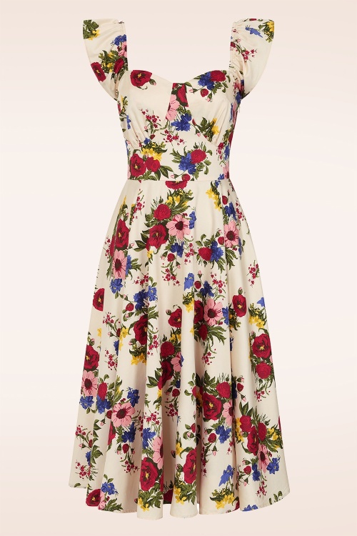 Banned Retro - Sophie Floral Serenade katoenen swing jurk in crème en multi