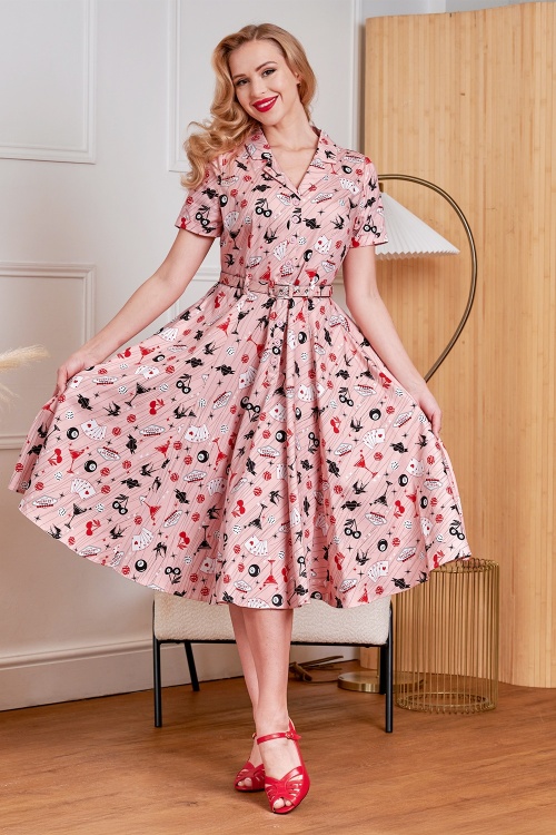 Banned Retro - Bella Viva Las Vegas katoenen swing jurk in roze