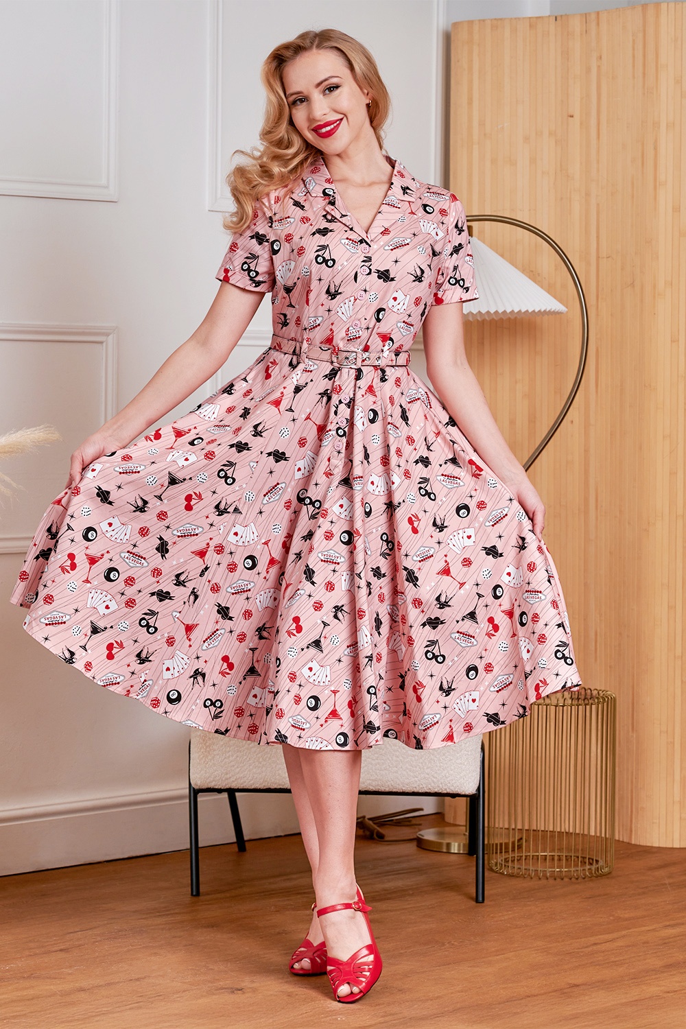 Banned Retro - Bella Viva Las Vegas katoenen swing jurk in roze