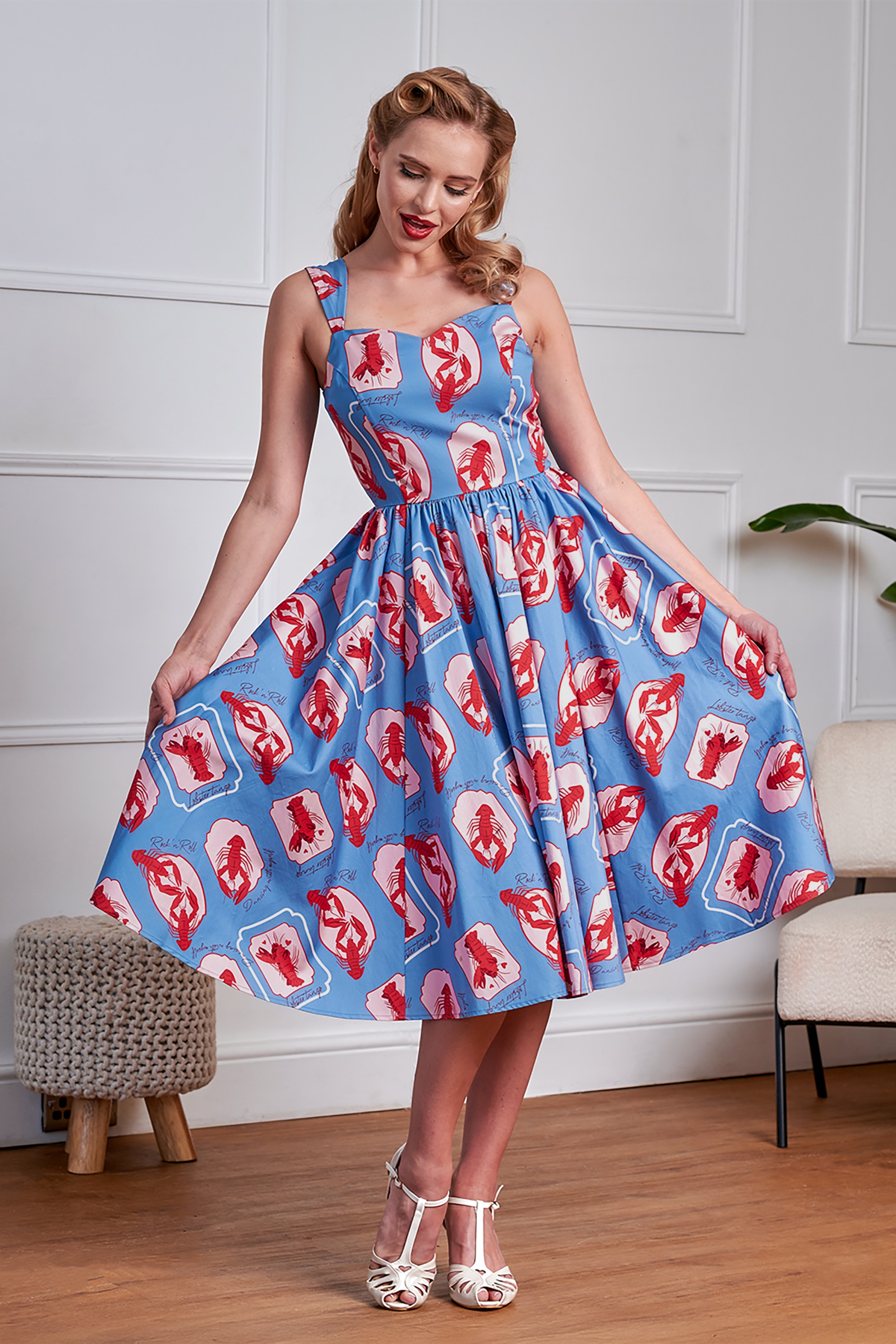 Banned Retro - Winnie Lobster Love katoenen swing jurk in blauw