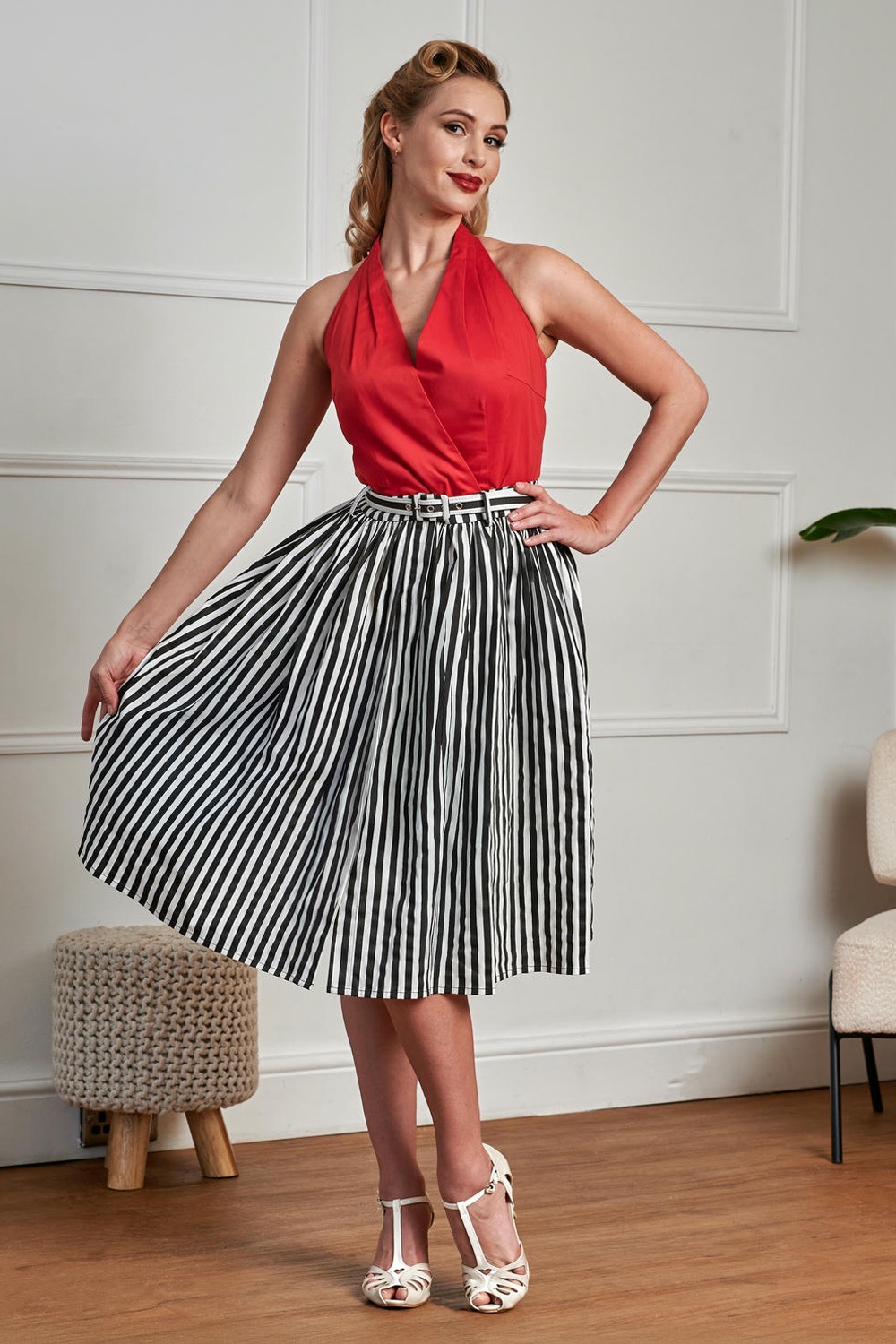 Banned Retro - Mila Striped swing rok in zwart en wit