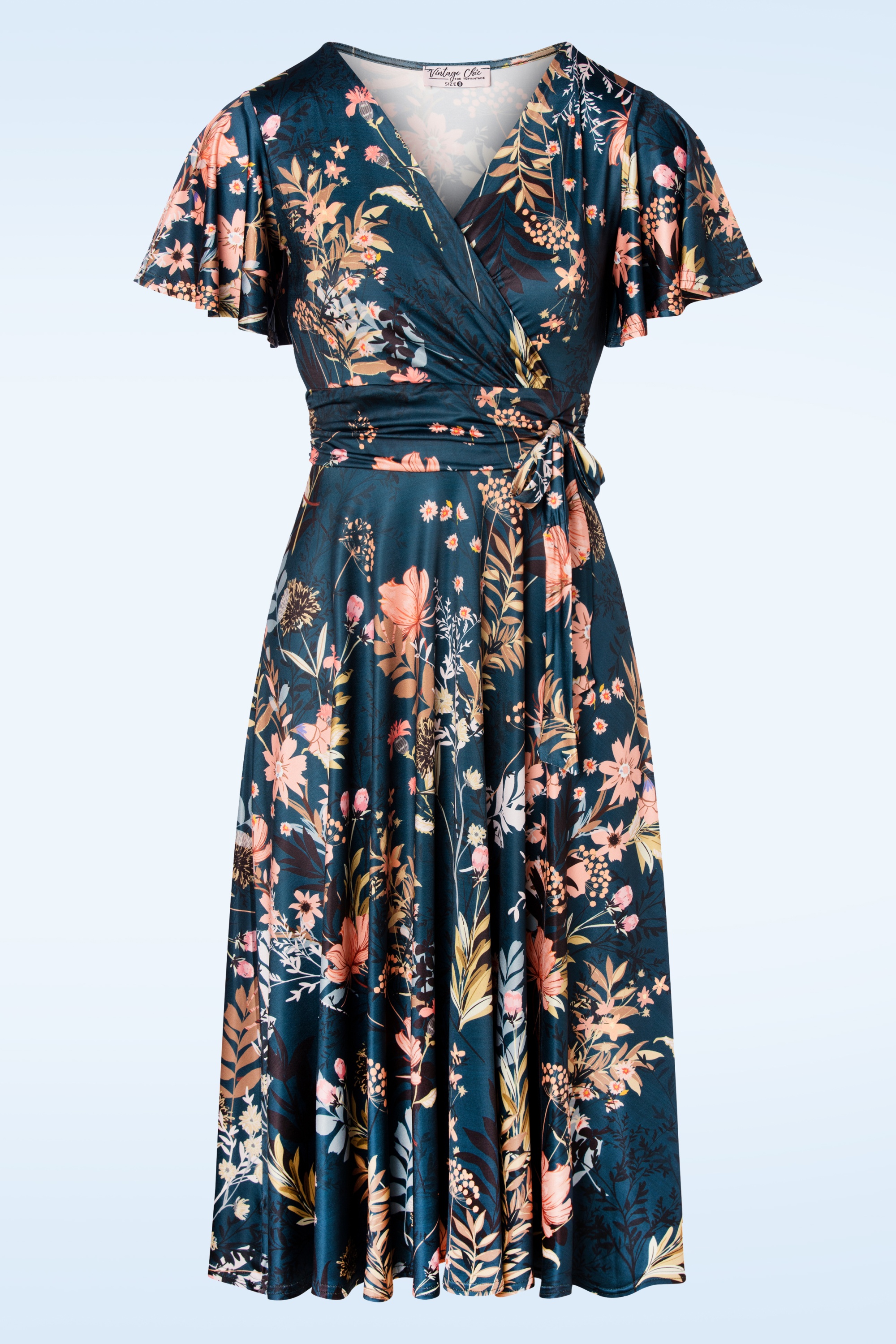 Vintage Chic for Topvintage - Irene overslag swing jurk met bloemenprint in petrol blauw