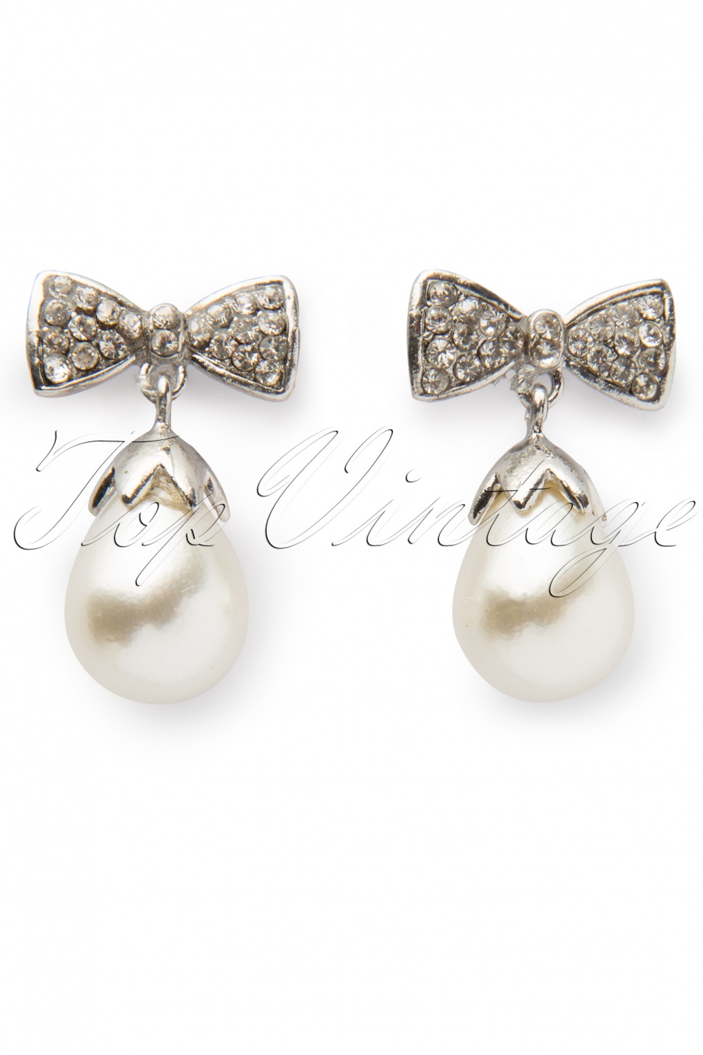 Elegant Pearl & Diamante Bow Drop Earrings Large
