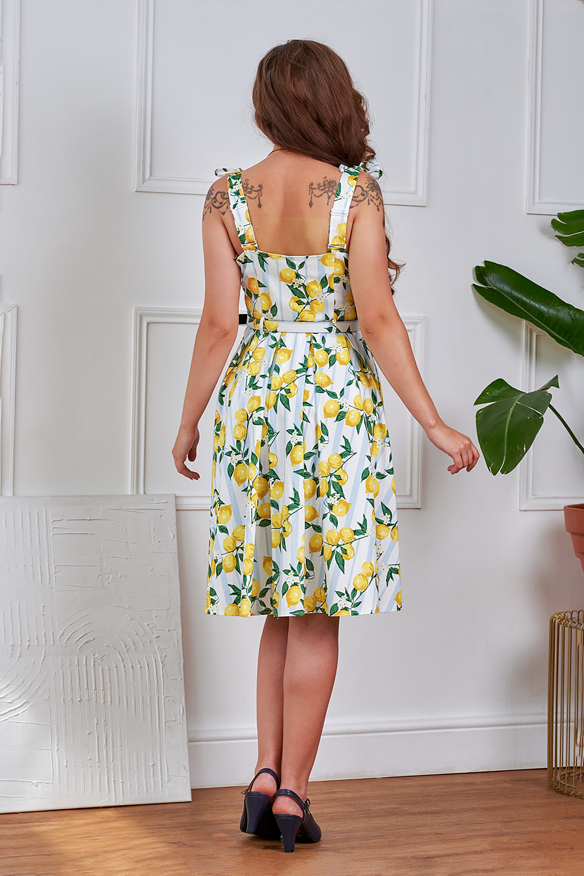 Banned Retro - June Lemon and Stripes katoenen swing jurk in wit 2