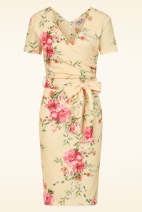 Vintage Chic for Topvintage - Topvintage exclusive ~ Evie Floral jacquard pencil jurk in botergeel
