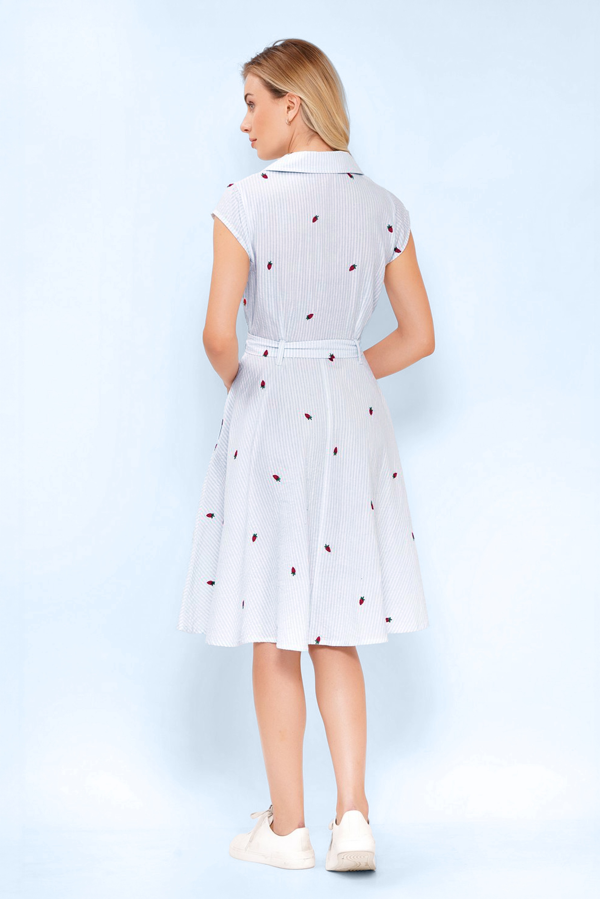 Circus - Daisy gestreepte aardbeien katoenen jurk in lichtblauw en wit 3