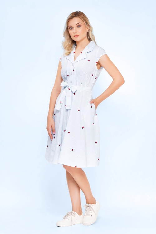 Circus - Daisy gestreepte aardbeien katoenen jurk in lichtblauw en wit