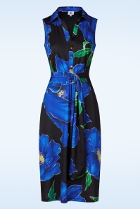 K-Design - Elena flower midi jurk in zwart en blauw
