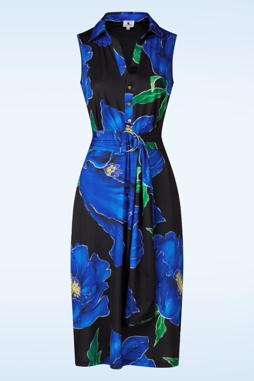 K-Design - Elena flower midi jurk in zwart en blauw