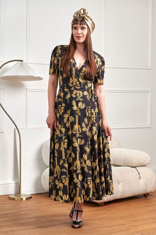 Banned Retro - Carol Golden Hour midi wikkeljurk in zwart