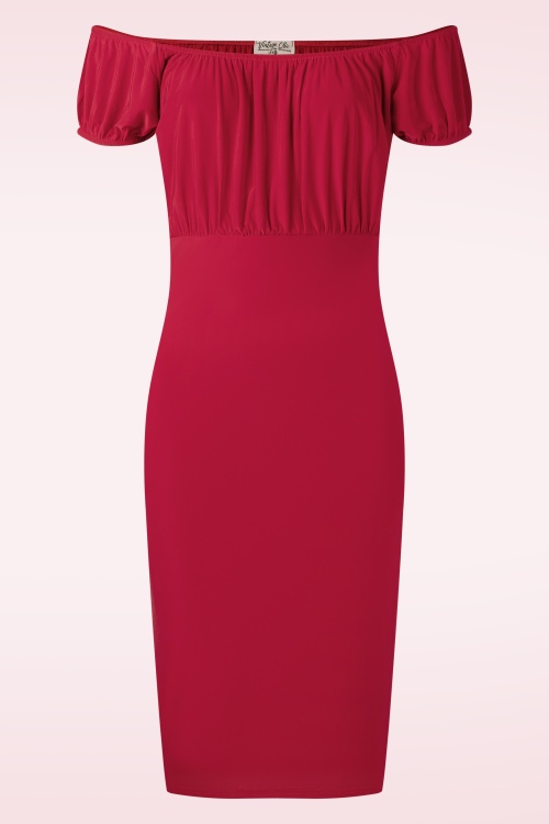 Vintage Chic for Topvintage - Topvintage exclusive ~ Ivy off-shoulder pencil jurk in rood 3