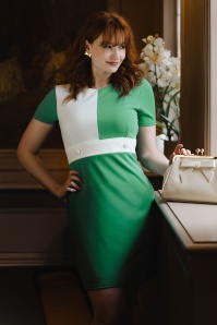 Vintage Chic for Topvintage - Topvintage exclusive ~ Swinging Sprout jurk in wit en groen