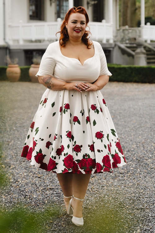 Vintage Diva  - Topvintage exclusive ~ The Ella Rose swing jurk in wit 5