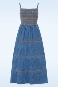 Sugarhill Brighton - Murren Shirred midi jurk in washed denimblauw 4