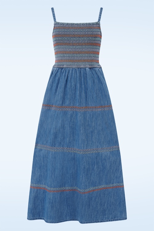 Sugarhill Brighton - Murren Shirred midi jurk in washed denimblauw 4