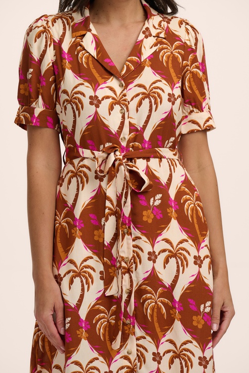 Sugarhill Brighton - Penelope Palmwaves midi shirt jurk in bruin 2