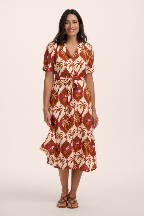 Sugarhill Brighton - Penelope Palmwaves midi shirt jurk in bruin