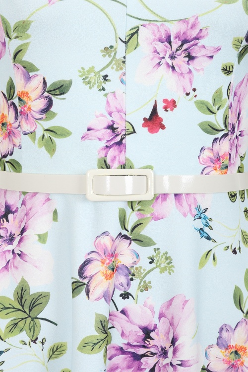 Vintage Chic for Topvintage - Topvintage Exclusive ~ Rosa floral swing jurk in lichtblauw 3