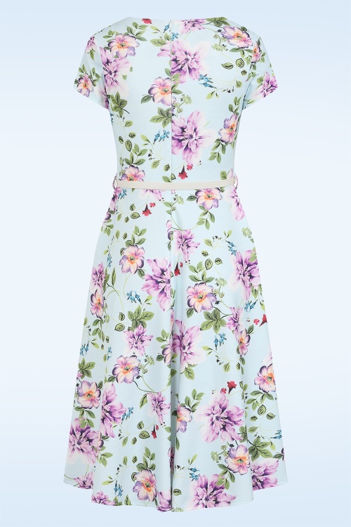 Vintage Chic for Topvintage - Topvintage Exclusive ~ Rosa floral swing jurk in lichtblauw 2