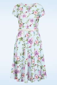 Vintage Chic for Topvintage - Topvintage Exclusive ~ Rosa floral swing jurk in lichtblauw