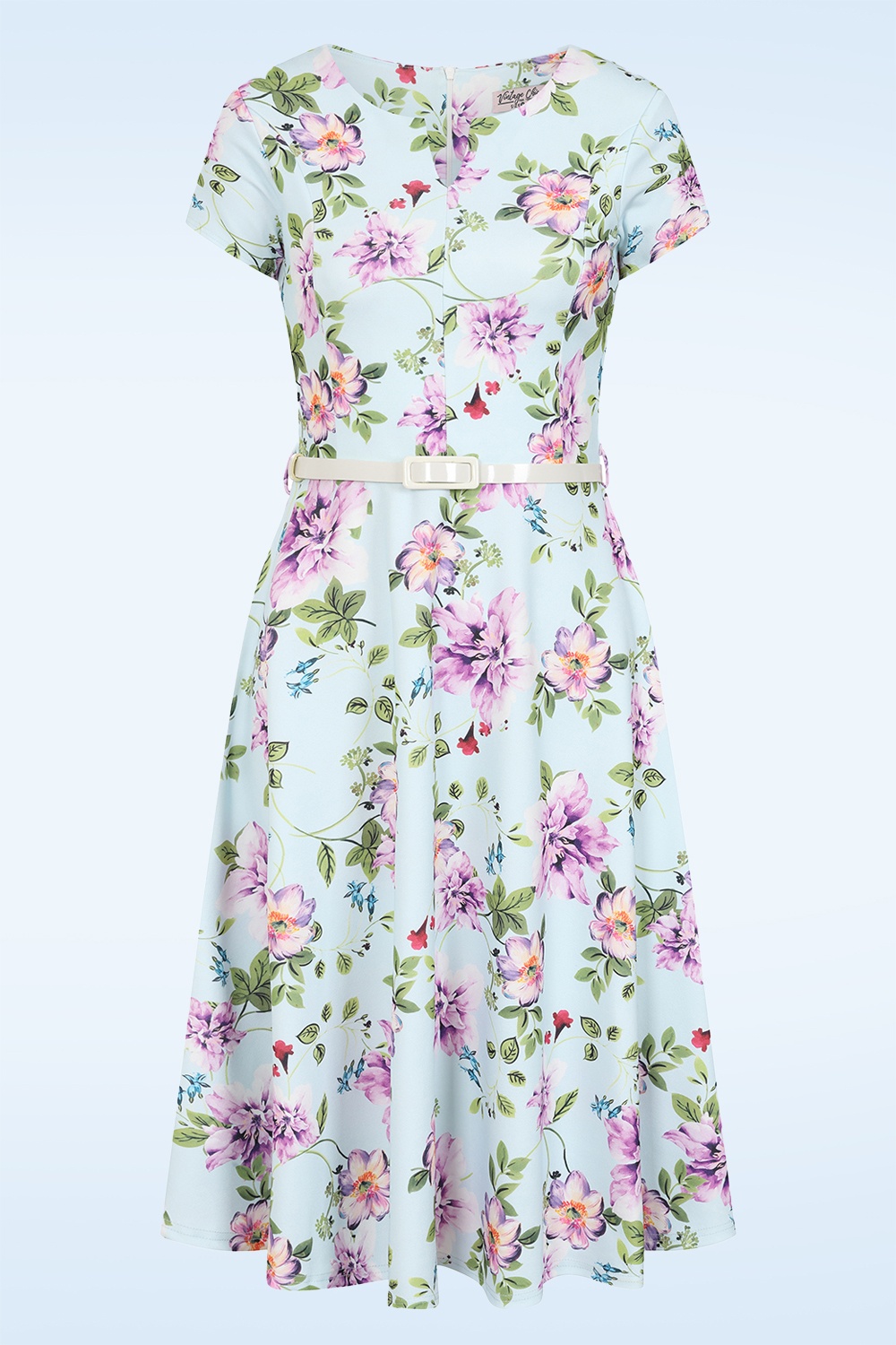 Vintage Chic for Topvintage - Topvintage Exclusive ~ Rosa floral swing jurk in lichtblauw