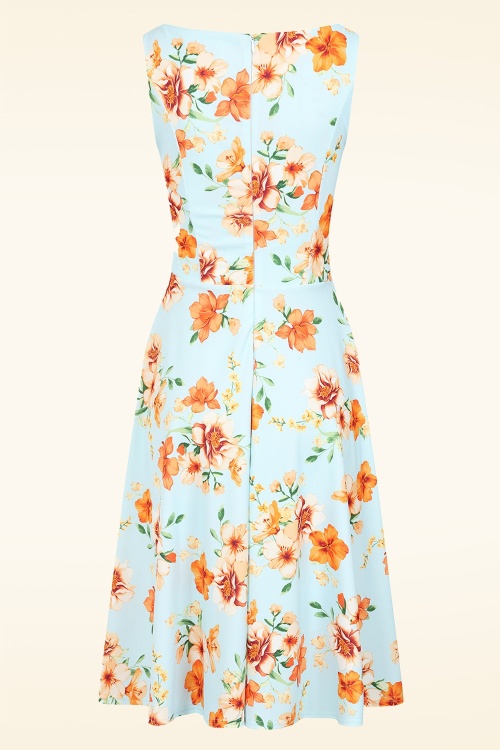 Vintage Chic for Topvintage - Topvintage Exclusive ~ Cindi Floral swing jurk in lichtblauw en oranje 2