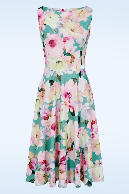 Vintage Chic for Topvintage - Topvintage Exclusive ~ Cindi Floral swing jurk in turquoise en roze