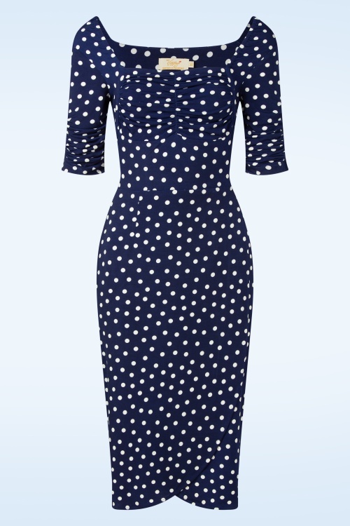 Vintage Diva - Topvintage exclusive ~ Lilibet Polkadot pencil jurk in navy 2