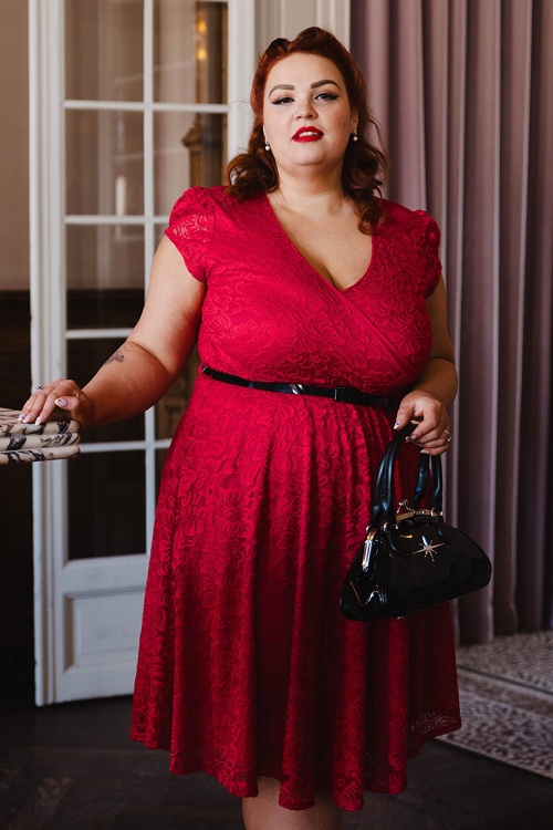 Vintage Chic for Topvintage - Topvintage exclusive ~ Carina Lace swing jurk in rood