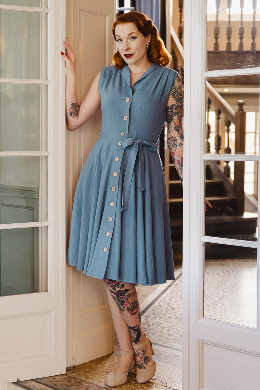 linen dress boho ALLURE Midi Sky Blue off-shoulder-tops-dresses Sleeve:33 with frill at bottom Costumes inspired by classic