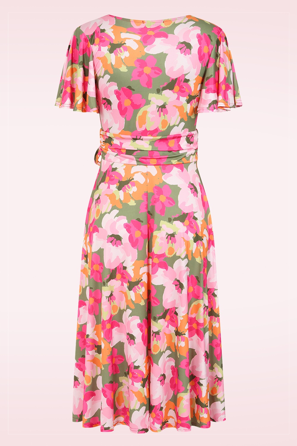 Vintage Chic for Topvintage - Topvintage exclusive ~ Irene Floral Cross Over swing jurk in kakigroen en roze 2