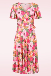 Vintage Chic for Topvintage - Topvintage exclusive ~ Irene Floral Cross Over swing jurk in kakigroen en roze