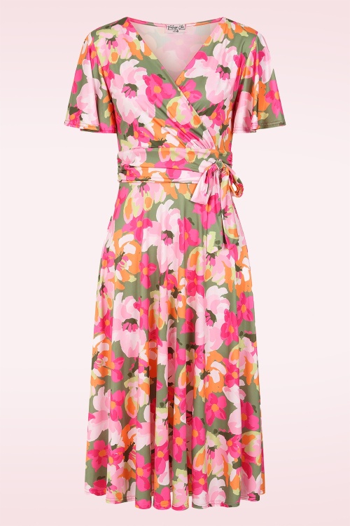 Vintage Chic for Topvintage - Topvintage exclusive ~ Irene Floral Cross Over swing jurk in kakigroen en roze