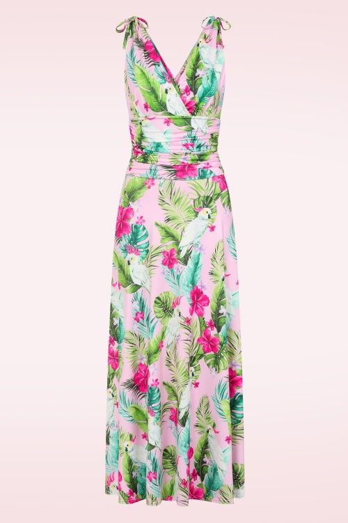 Vintage Chic for Topvintage - Topvintage exclusive ~ Grecian Tropical Parrot maxi jurk in roze en multi