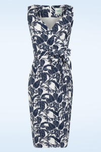 Glamour Bunny - Topvintage exclusive ~ Natalia Tropical pencil jurk in wit en navy 2