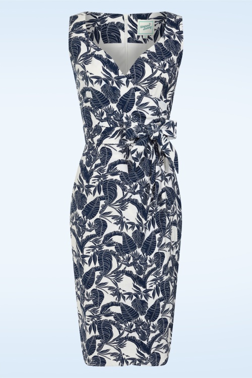 Glamour Bunny - Topvintage exclusive ~ Natalia Tropical pencil jurk in wit en navy 2
