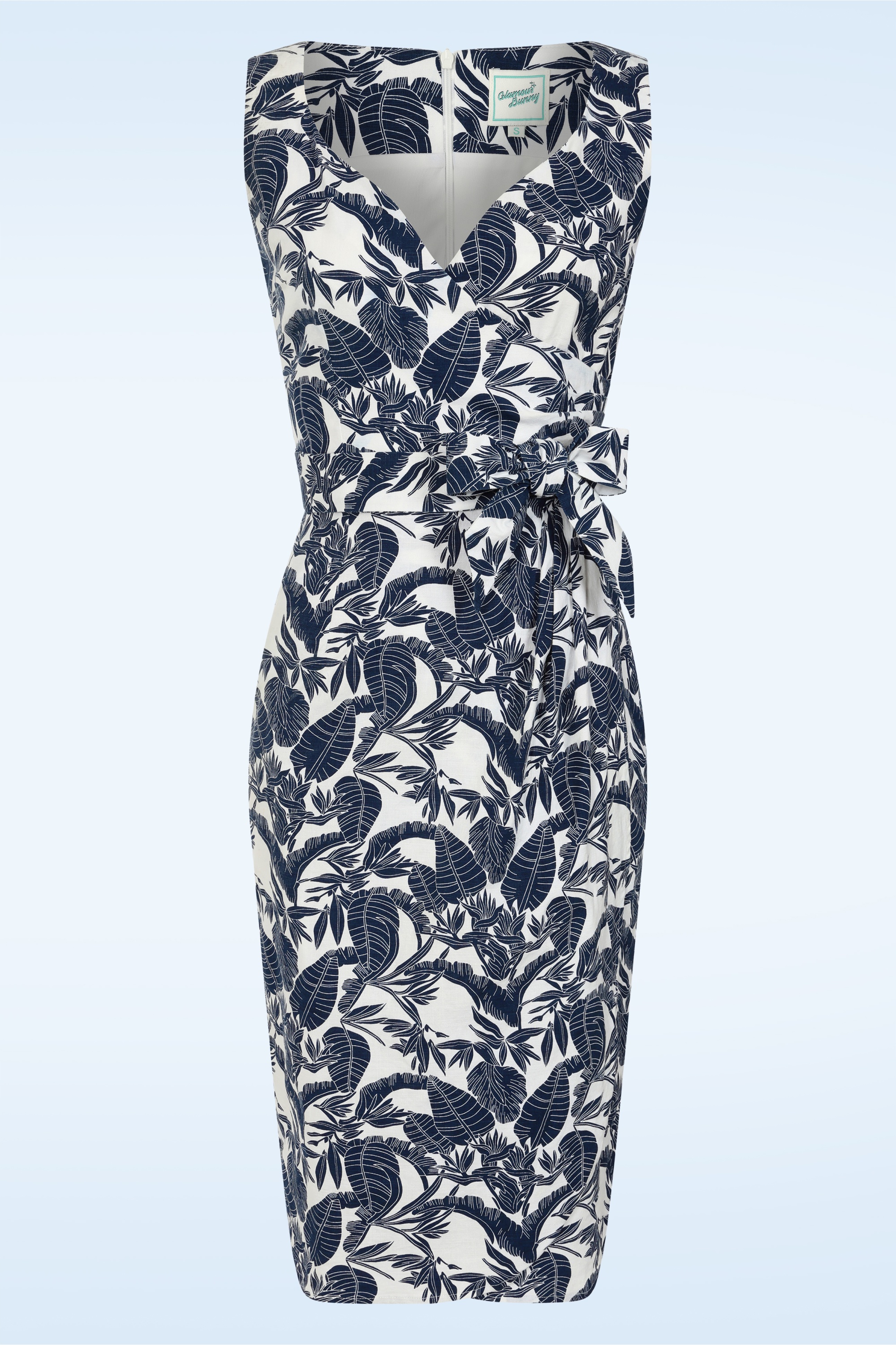 Glamour Bunny - Topvintage exclusive ~ Natalia Tropical pencil jurk in wit en navy 2